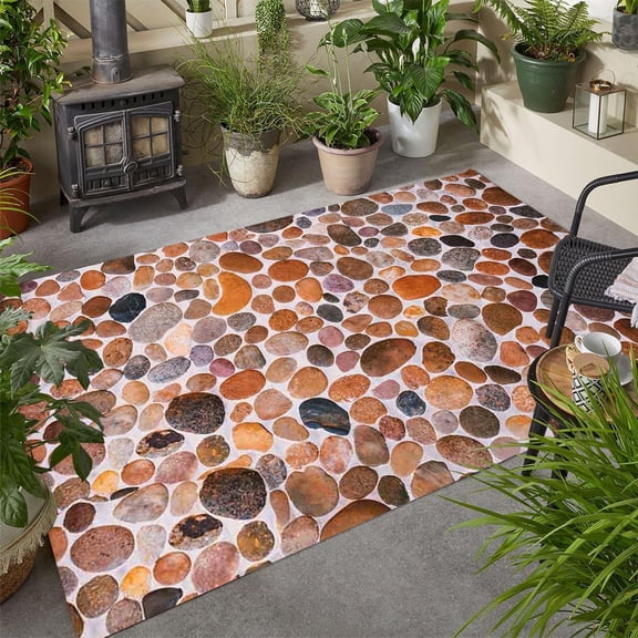 Brown 5'x8' Stone Printed Indoor Outdoor Rug Boho 3D Visual Beach Theme Area Rug for Deck Porch Balcony Patio Waterproof Non Skid Floor Carpet Art Deco Washable Bathmat