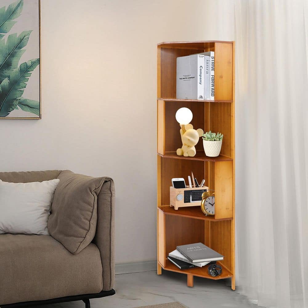 Brown 54 in. Tall Bamboo HDF 4-Shelf Bookcase Multifunctional Storage ...