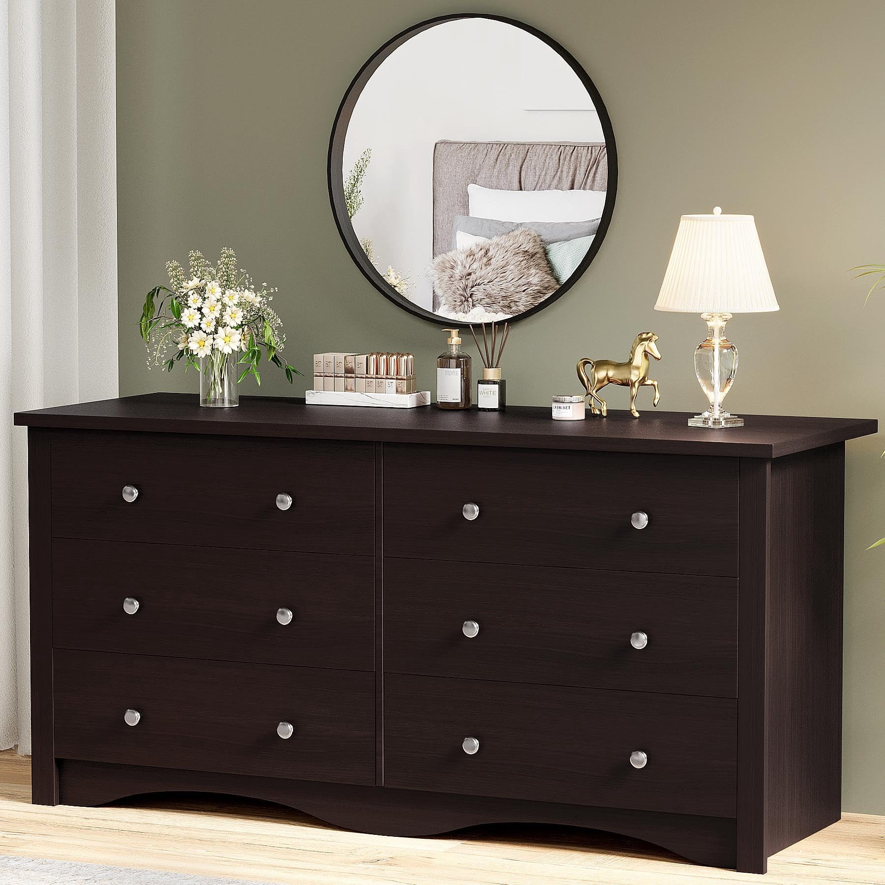 Brown 6-Drawer Wooden Dresser With Round Mirror, 47.2 Inches