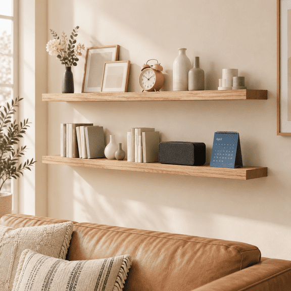 Brown 60 Inch Set of 2 Standard Solid Wood Floating Wall Shelves