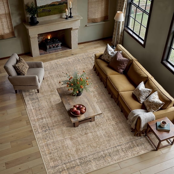 Brown 6x9 Washable Area Rugs For Living Room Bedroom Large Neutral Vintrug Soft Durable Carpet Distressed Non Slip & Shedding Stain Resistant Low Pile Home Decor