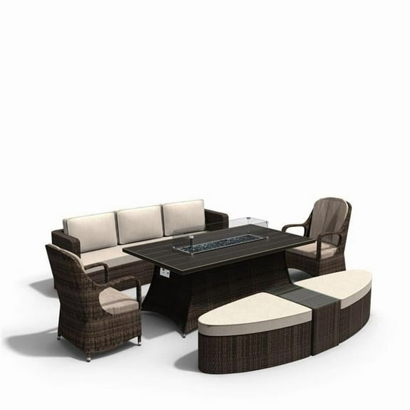 Brown 7 Piece PE Rattan Outdoor Rectangular Fire Pit Dining Table Set with Aluminum Table Top, Daybed, Ottoman