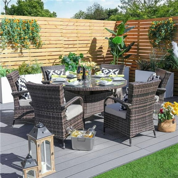 Brown 7-Piece Wicker Outdoor Furniture Dining Set with 6 Cushioned Armchair