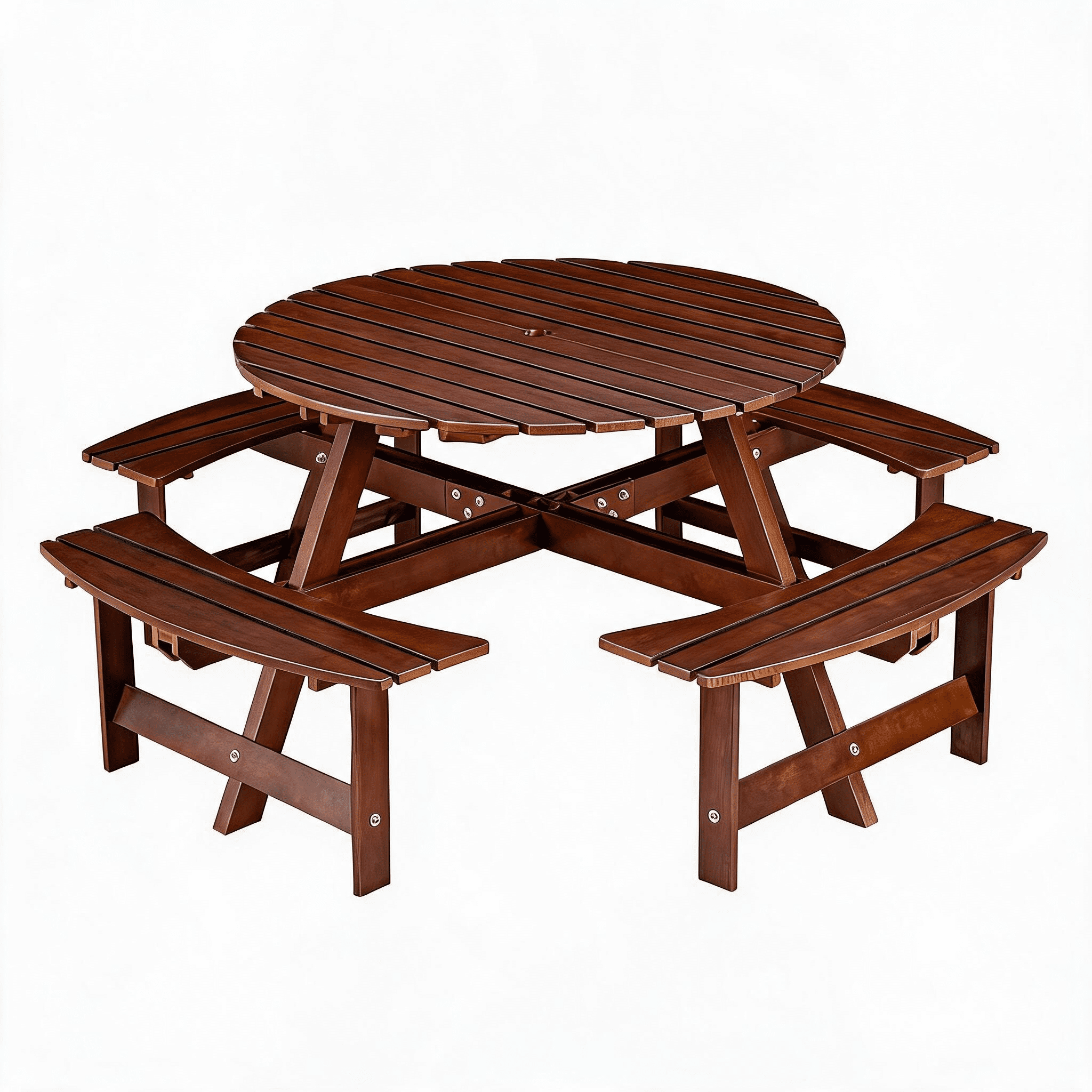 Brown 8‑Person Round Outdoor Picnic Table with 4 Built‑in Benches, Weather‑Resistant Waterproof Wooden Table Set with 2" Umbrella Hole for Garden Backyard Patio Porch