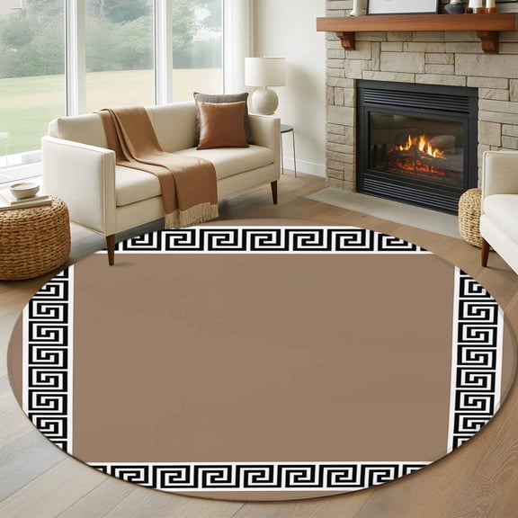 Brown 8FT Round Area Rugs for Living Room Greek Chinese Style Border Geometric Ultra-Thin Non-Slip Round Rugs Machine Washable Low Pile Circle Carpet for Bedroom Kitchen Nursery