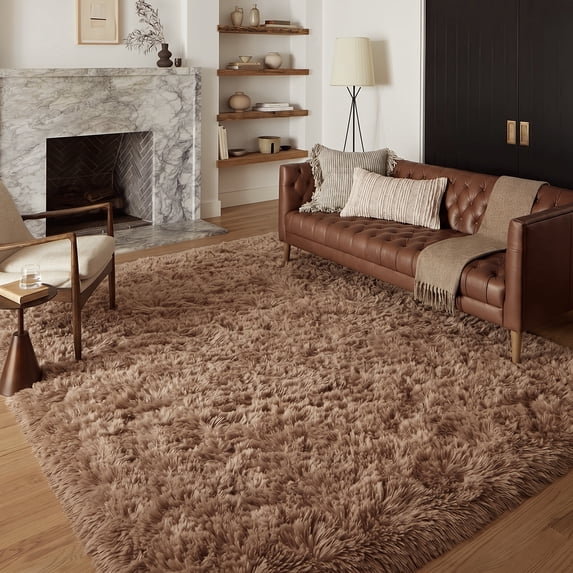Pentantan 9ft x 12ft Shag Area Rugs, Fluffy Rug for Living Room Bedroom, Soft Plush Pile Indoor Carpet, Brown