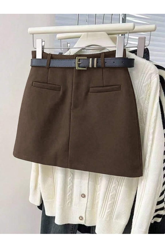 Brown A-Line Mini Skirt With Belted Waist And Front Pockets