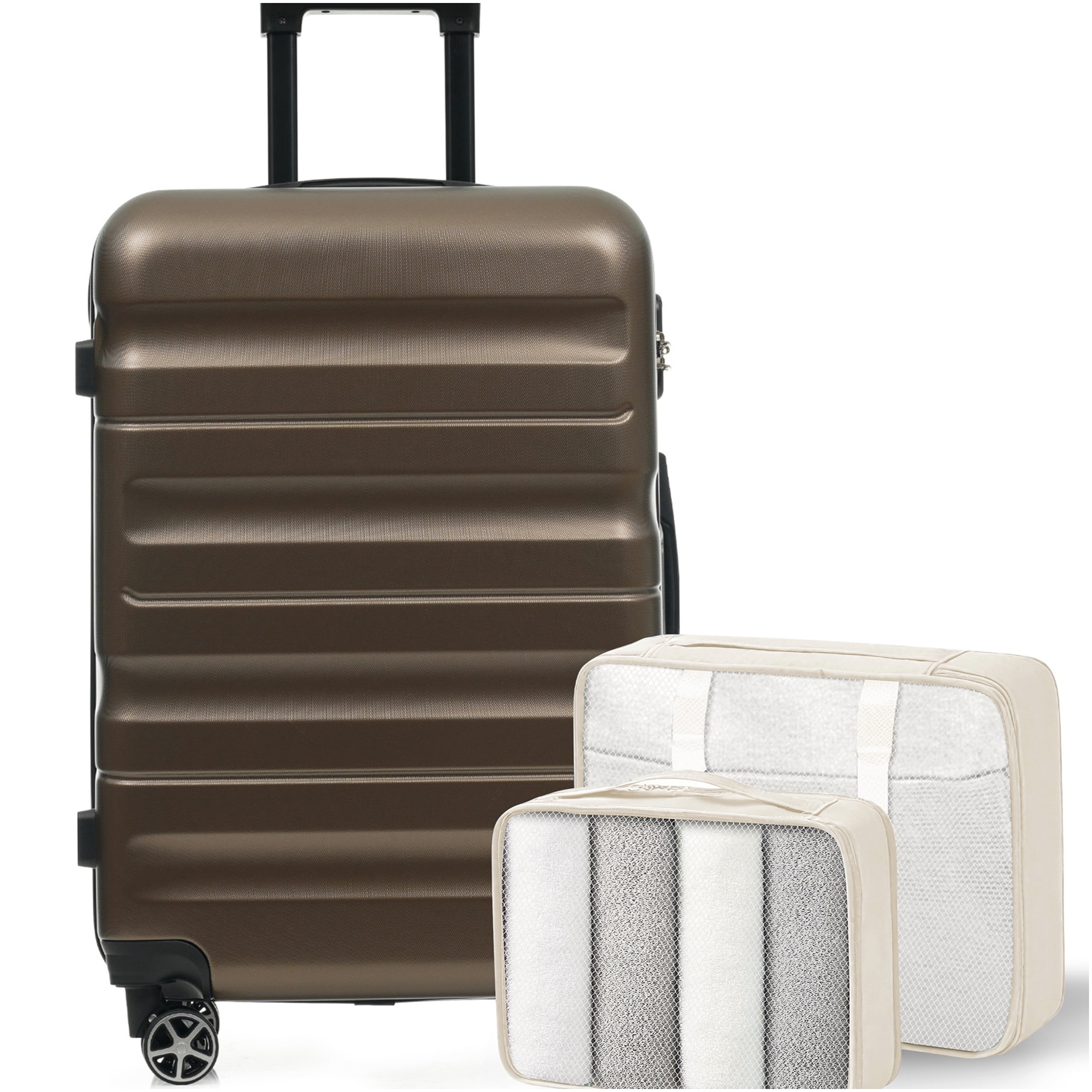 Brown ABS Hardshell 24-Inch Checked Spinner Luggage with Packing Cubes, Lightweight Durable Suitcase for Travel