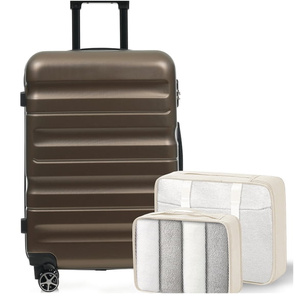 Brown ABS Hardshell 24-Inch Checked Spinner Luggage with Packing Cubes, Lightweight Durable Suitcase for Travel