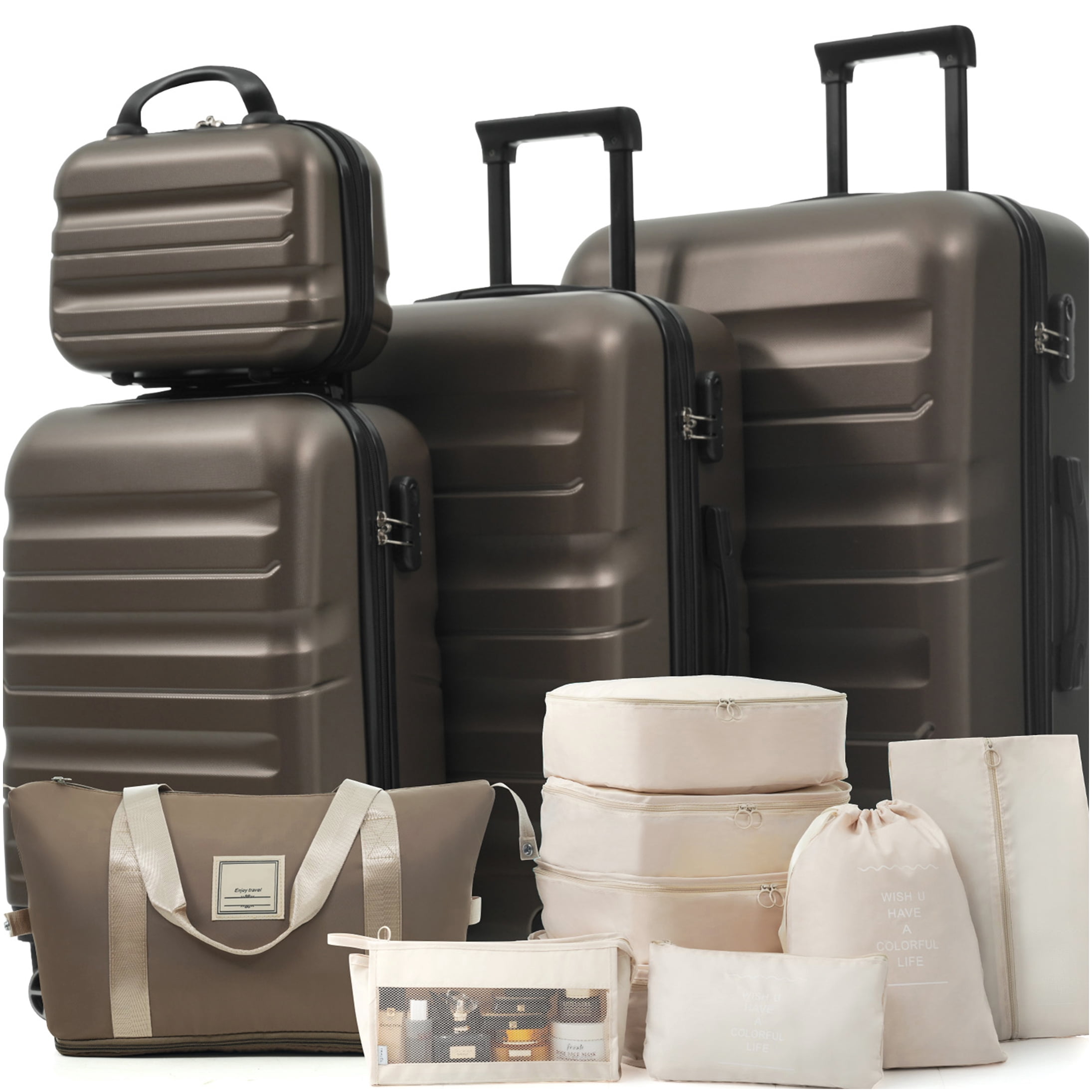 Brown ABS Hardshell Luggage Set with Spinner Wheels, Expandable Suitcases for Travel and Business, Lightweight Durable Carry On and Checked Bags