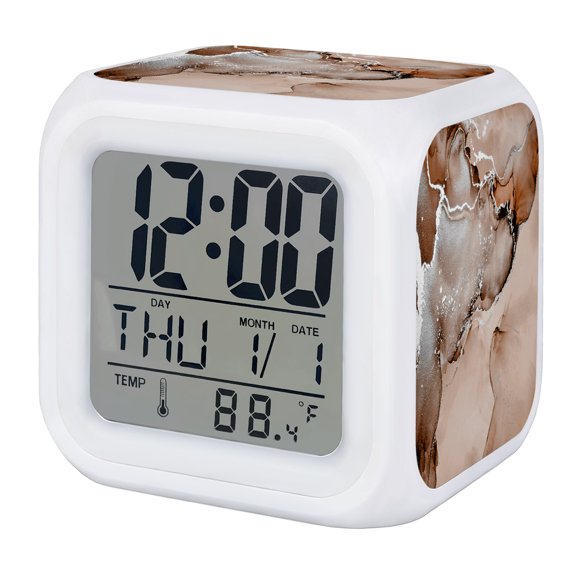 Brown Abstract Alarm Clock, Silver Marble Ripples Clouds Luxury Fluid Art Digital Clock Night Light with 7 Color, Calendar Temperature Display, LED Desk Small Clock for Bedrooms Bedside Living Room