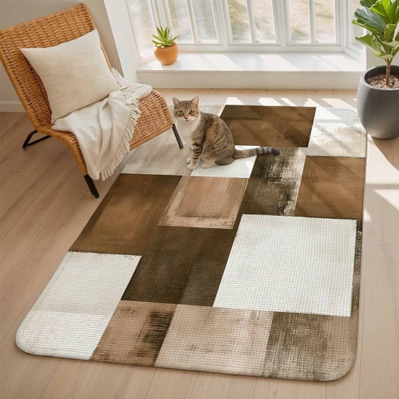 Brown Abstract Area Rugs for Living Room 5x7, Modern Rustic Geometric Color Block Plaid Washable Area Rug with Non Slip Backing, Stain Resist Linen Carpet for Bedroom, Dining Room, Entryway, Entrance
