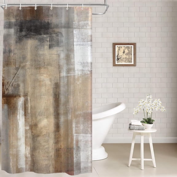 Brown Abstract Art Decor Shower Curtain,Beige Painting Bathroom Decor Polyester Fiber Plastic Rings Quick-Drying Waterproof for Bathtubs/Bathroom, 72x36 inches