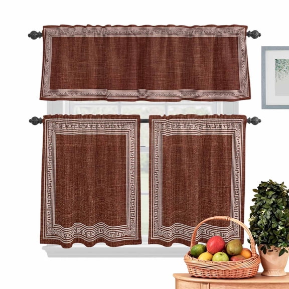 Brown Abstract Art Kitchen Curtains Valances 3 Piece Set, Vintage Linen Greek Key Geometric Rod Pocket Tier Curtain and Valance Drapes for Small Window 24 Inch Length for Bedroom Cafe
