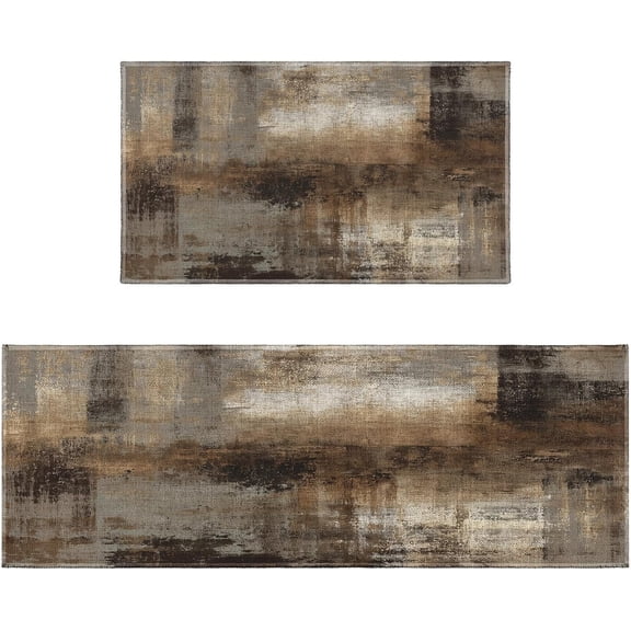 Brown Abstract Art Kitchen Rugs Sets of 2 Non Slip Modern Rustic Taupe Farmhouse Kitchen Mats for Floor with Rubber Backing Washable Kitchen Runner Rug Carpet 17"x47"+17"x30" for Hallway Laundry