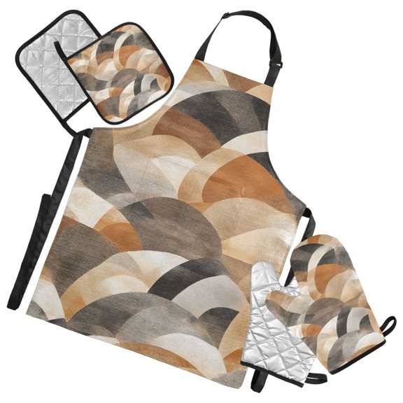 Brown Abstract Art Oven Mitts and Pot Holders with Chef Apron Set 5 Pcs Kitchen Cooking Set