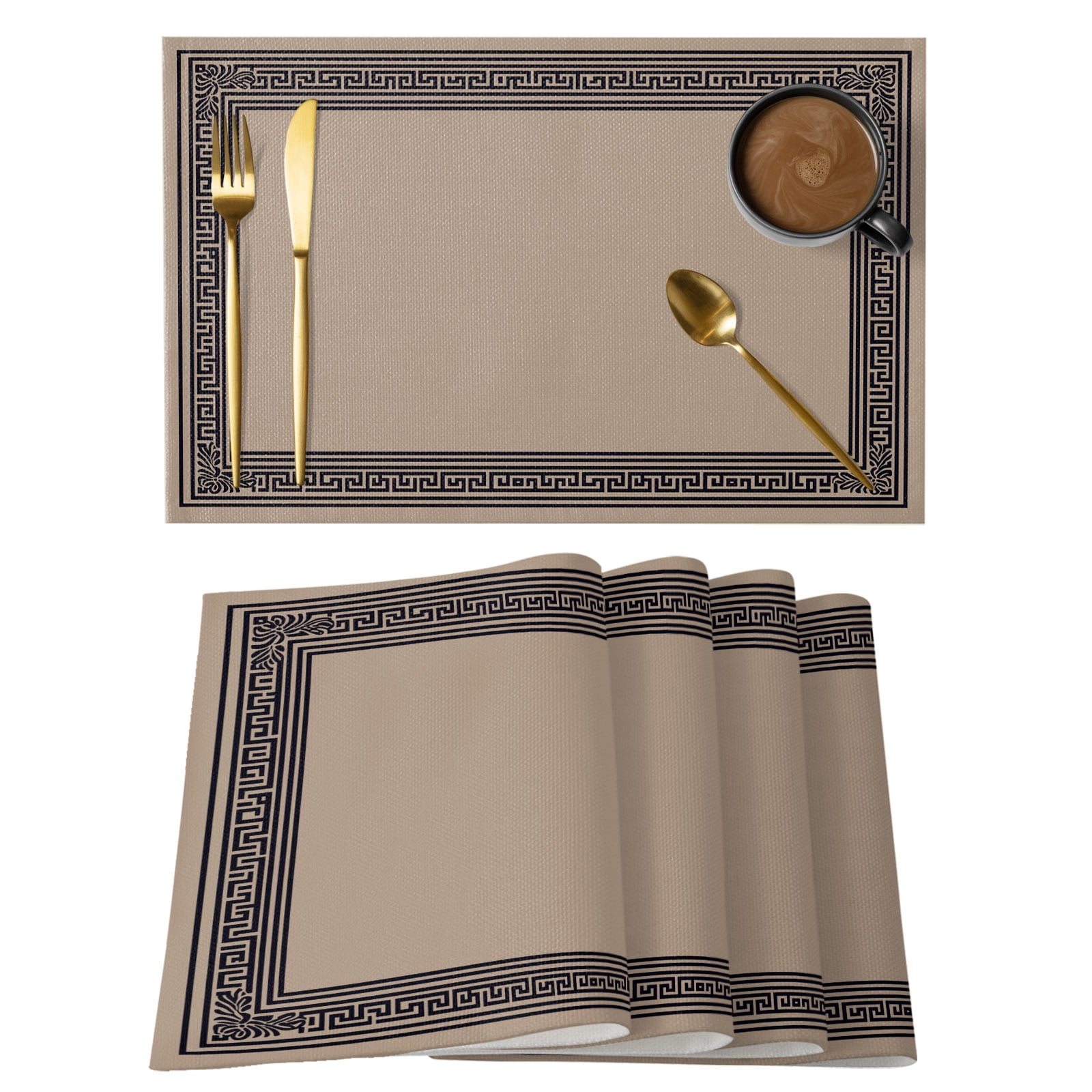 Brown Abstract Art Placemats Set of 6 Vintage Linen Black Greek Key ...