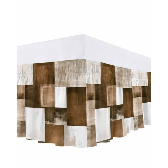 Brown Abstract Bed Skirt Modern Rustic Geometric Color Block Plaid Bed Skirts King Size 16 Inch Drop, Wrap Around Dust Ruffle&nbsp;Bedskirt with Adjustable Elastic Belt for Queen Size Beds