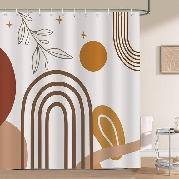 Brown Abstract Boho Shower Curtain Mid Century Arch Sun Leaf Modern Minimalist Aesthetic Decorative Bath Curtain 72 x 72 Inch Polyester Fabric Waterproof Bathroom Curtain with 12 Hooks
