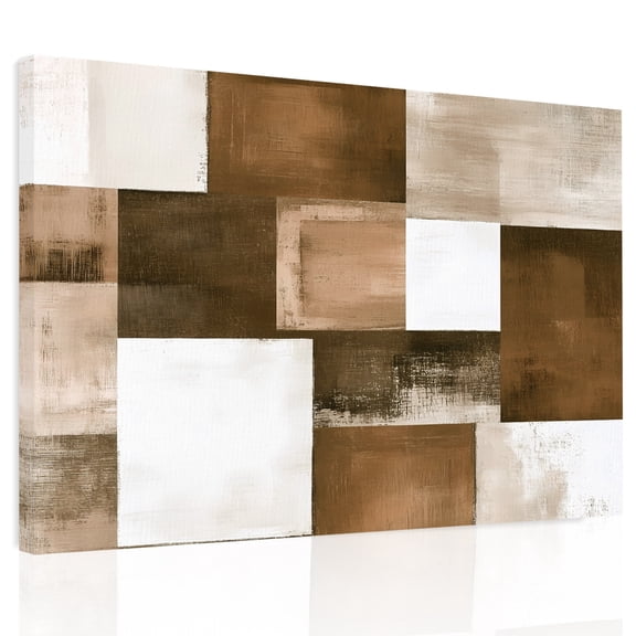 Brown Abstract Canvas Print Wall Art, Modern Rustic Geometric Color Block Plaid Wall Decor Modern Artwork Paintings Pictures for Living Room Framed and Stretched Ready to Hang, 20" x 24"
