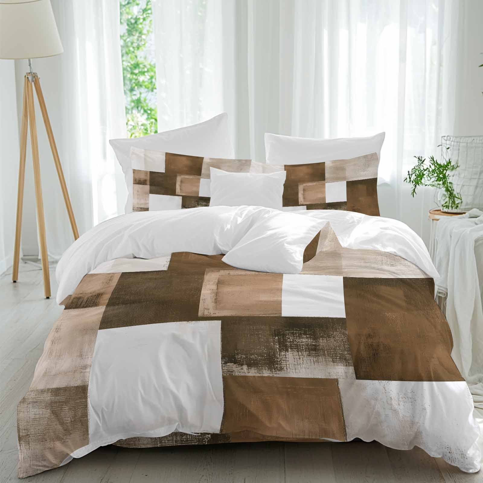Brown Abstract Duvet Cover Set Full Size Modern Rustic Geometric Color Block Plaid Soft Lightweight Comforter Covers 4 Piece Bedding Set with 1 Duvet Cover 1 Bed Sheet & 2 Pillow Shams