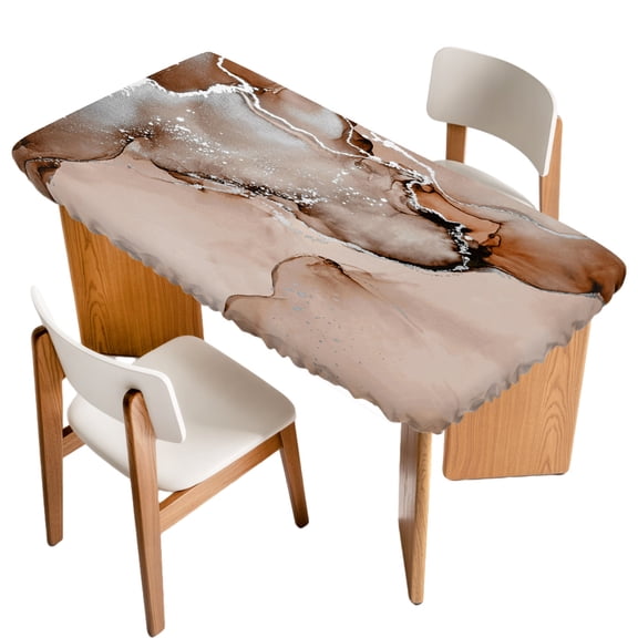 Brown Abstract Fitted Rectangle Tablecloth 24" x 50" Silver Marble Ripples Clouds Luxury Fluid Art Elastic Table Cloth Fits for 4 Foot Folding Tables Waterproof Table Cover for Picnic Camping Outdoor