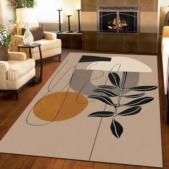Brown Abstract Flowers Area Rug, Medieval Geometric Flower Non Slip Bedroom Rug, Machine Washable Carpet For Indoor Living Room Office Decor Mat 5x6ft