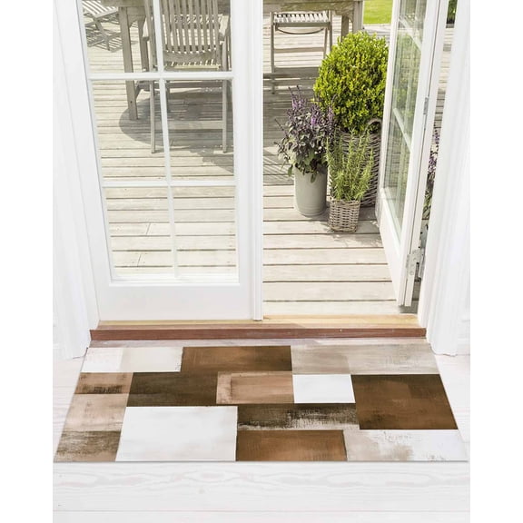 Brown Abstract Front Door Mat Modern Rustic Geometric Color Block Plaid Welcome Doormat Indoor Outdoor Entrance Floor Mat Non-Slip Washable Runner Rug for Front Porch Decor 16x47 Inch