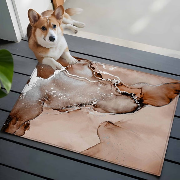 Brown Abstract Front Door Rugs 2x3 ft Silver Marble Ripples Clouds Luxury Fluid Art Small Rug for Entryway Non Slip Washable Bathroom Door Mat Absorbent Floor Mat for Indoor Entrance