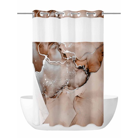 Brown Abstract No Hook Shower Curtain and Liner Set Silver Marble Ripples Clouds Luxury Fluid Art Shower Curtains with Snap-in Liner & See Through Top Window Hotel Style for Bathroom Decor 36x72 Inch