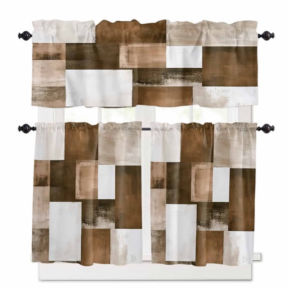 Brown Abstract Kitchen Curtains Valances and Tiers Set of 3, Color Block Plaid 24 Inch Length Tier Curtains and Valance Rod Pocket Valance Curtains Set for Kitchen Bathroom Small Windows