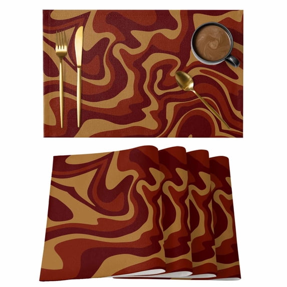 Brown Abstract Line Placemats Set of 12, Geometric Distortion Texture Fluid Art Placemats for Dining Table, Place Mats for Kitchen Tabletop, Waterproof Wipeable Dining Table Mats Set