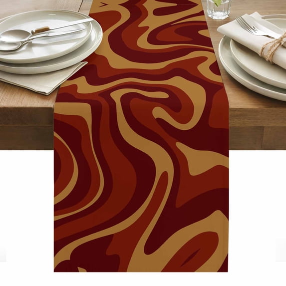 Brown Abstract Line Table Runner - 70 Inch Long, Kitchen Dining Table Runner Dresser Scarves, Geometric Distortion Texture Fluid Art Farmhouse Decor for Coffee Tables Wedding Party Banquet
