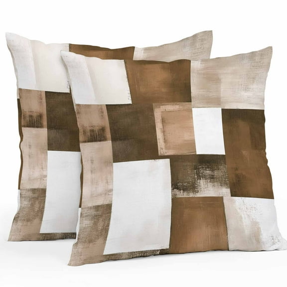 Brown Abstract Outdoor Pillow Covers Pack of 2 Modern Rustic Geometric Color Block Plaid Waterproof Throw Pillow Covers Decorative Cushion Cases for Patio Garden Tent Balcony Couch 24x24 inch
