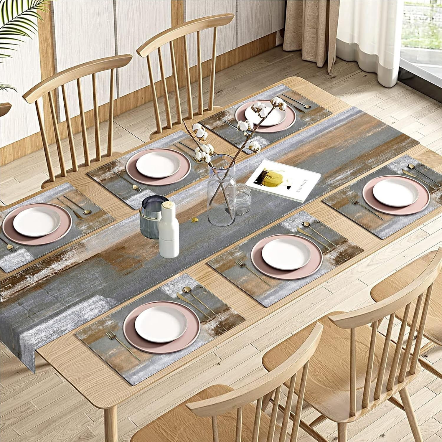 Table Runners And Placemats Sets Brown Abstract Painting Black Grey Table Runner and Placemats Set of 6