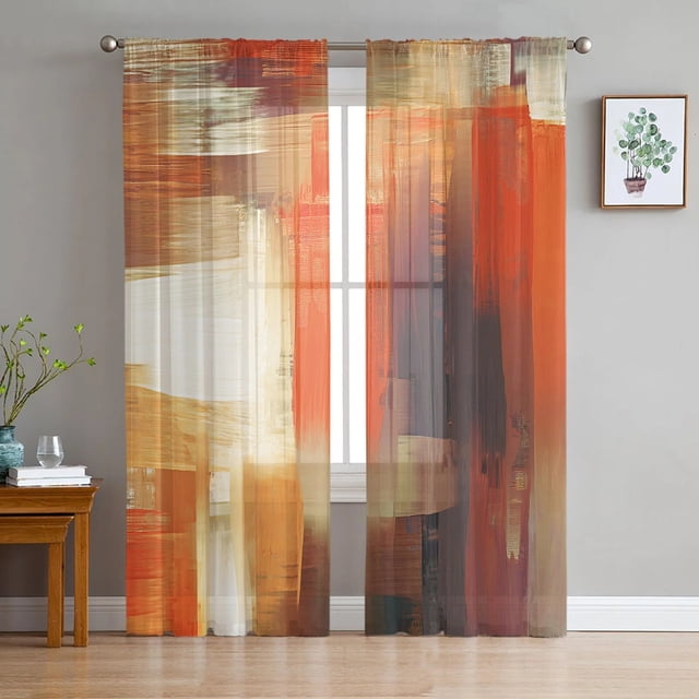 Brown Abstract Painting On Canvas Sheer Curtains For Living Room