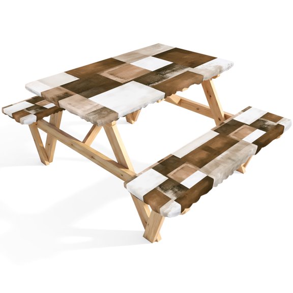Brown Abstract Picnic Table Cover with Bench Covers Modern Rustic Geometric Waterproof Fitted Picnic Tablecloth 3 Pieces Set Table Cloth for Outdoor Camping Garden BBQ