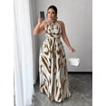 thumbnail image 1 of Brown Abstract Print Halter Neck Tie Waist A-Line Maxi Dress For Women, 1 of 7