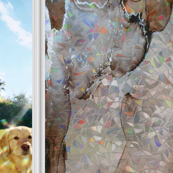 Brown Abstract Rainbow Window Privacy Film, Silver Marble Ripples Clouds Luxury Fluid Art Stained Glass Window Film, Sun Blocking Static Cling Non Adhesive Door Stickers 19.6 x 39.3 Inches