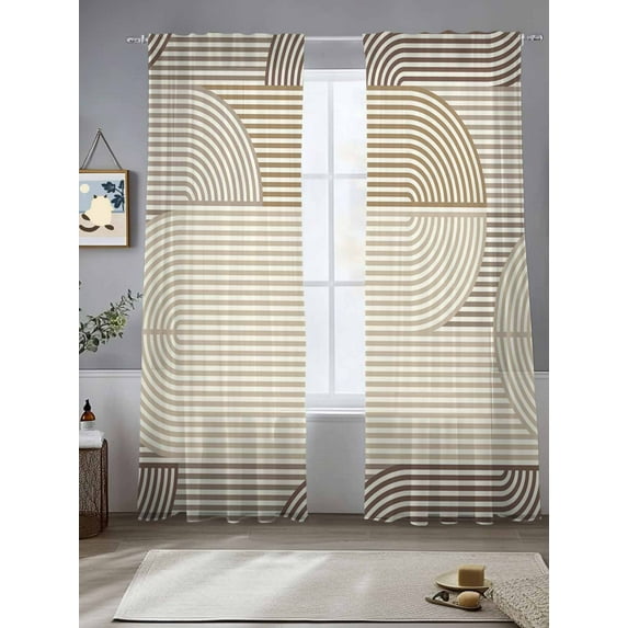 Brown Abstract Sheer Curtains 96 Inches Long 2 Panels Geometric Lines Abstract Art Light Filtering Semi Sheer Window Curtains Drapes for Bedroom Living Room 52"x96" 2 Panels
