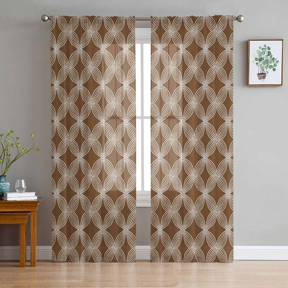Brown Abstract Sheer Curtains 96 Inches Long 2 Panels Set, Window Sheer Curtains for Living Room/Bedroom, Contemporary Modern Geometric Art Light Filtering Rod Pocket Curtain 52'' x 96'' x 2