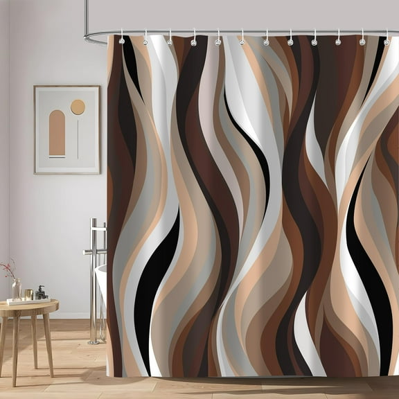 Brown Abstract Shower Curtain, Stripe Aesthetic Art Shower Curtains Bathroom Decor Set, Fabric Cloth Waterproof with 12 Hooks 72x72 in