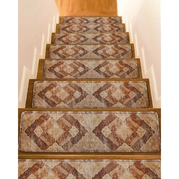 Brown Abstract, Stair Treads for Wooden Steps Indoor Runner Rug Carpet, Contemporary Vintage Geometric Flower 15 Pieces Peel and Stick Staircase Step Treads Covers Washable Throw Door Mats, 30"x8"