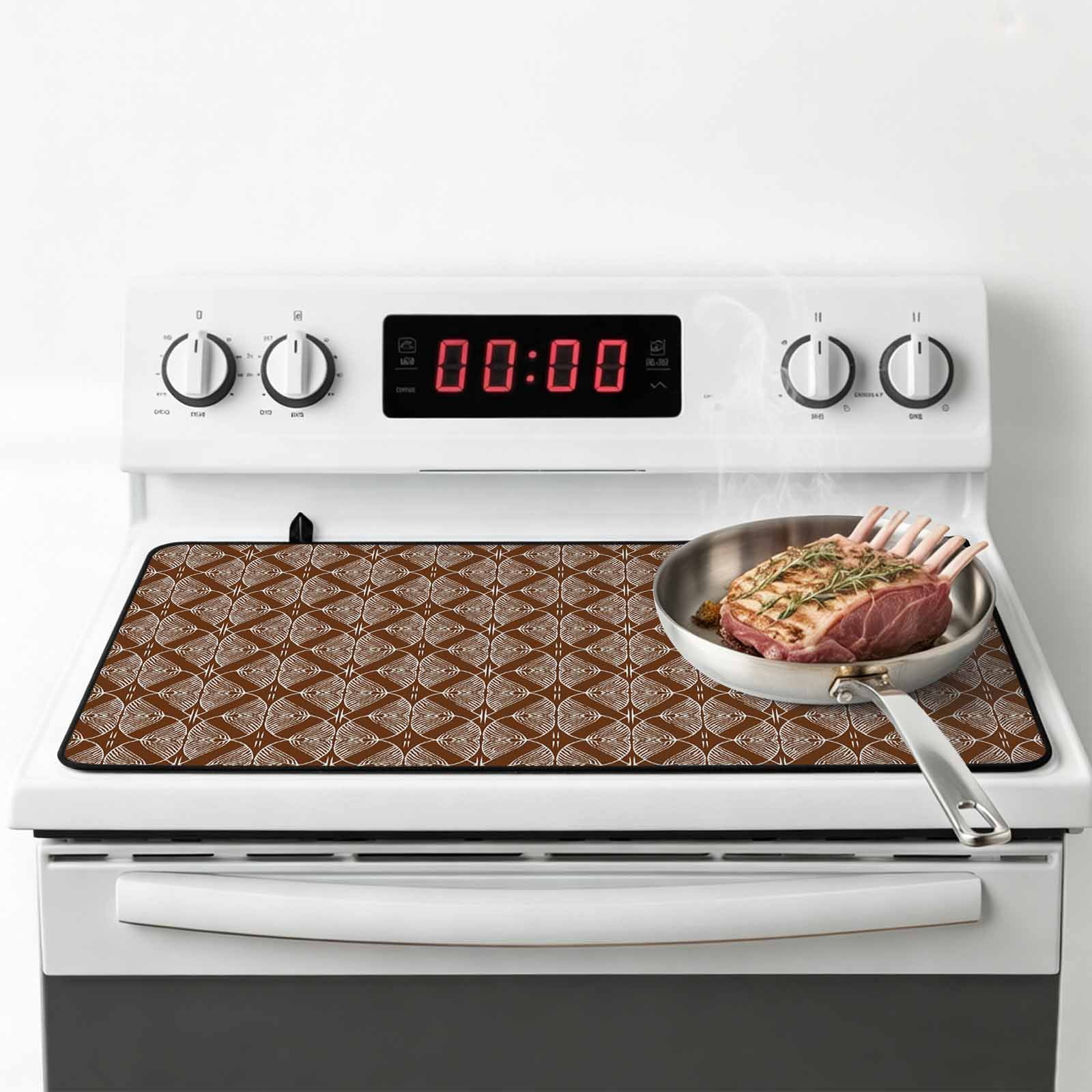 Brown Abstract Stove Top Cover for Electric Stove, Heat-proof & Non Slip Glass Top Stove Cover Protector, Modern Geometric Contemporary Art Kitchen Flat Cooktop Rubber Mat 24x21 Inches