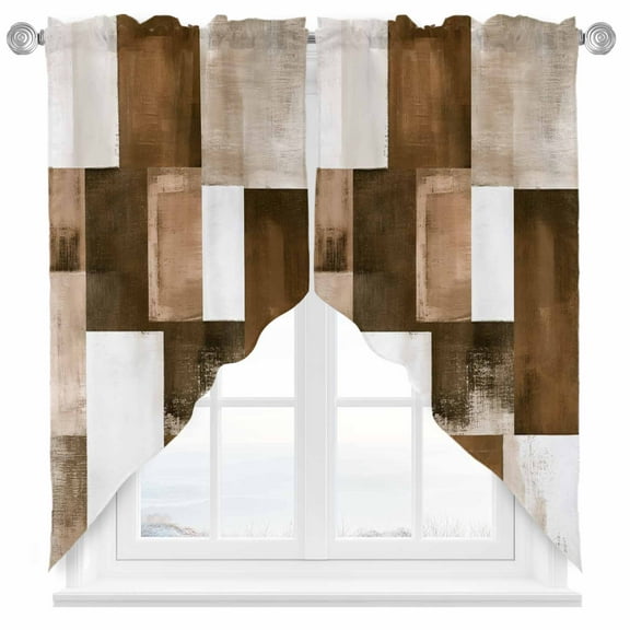 Brown Abstract Swag Valances for Windows 2 Pack Modern Rustic Geometric Color Block Plaid Swag Kitchen Curtains 36 Inches Long Rod Pocket Short Window Treatment for Kitchen Bathroom 28"x36"
