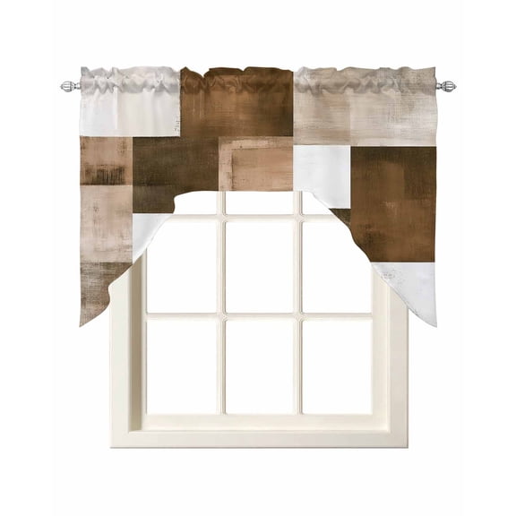Brown Abstract Swag Valances for Windows 56 x 36 Modern Rustic Geometric Rod Pocket Light Filtering Window Topper for Kitchen Bathroom Bedroom Living Room