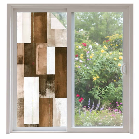 Brown Abstract Window Privacy Film Modern Rustic Geometric Color Block Plaid Decorative Glass Window Film UV Blocking Static Cling Non-Adhesive Sticker Covering for Home Door 35.4x78.7 inches