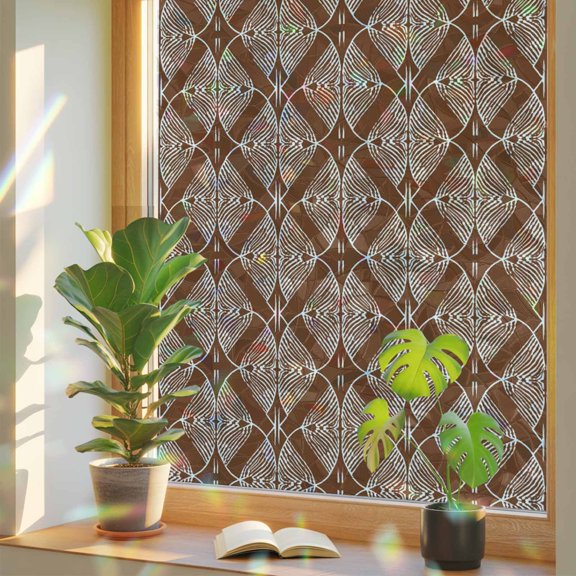 Brown Abstract Window Privacy Film Rainbow Static Cling Stain Glass Window Film for Glass Door, Decorative Sunroof Decal Sticker for Car Bathroom Home 23.6"x59" Modern Geometric Contemporary Art