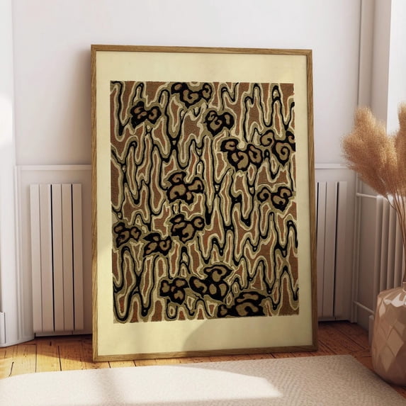 Brown Abstract Woodblock Pattern Earth Tone Floral Japanese Poster ...