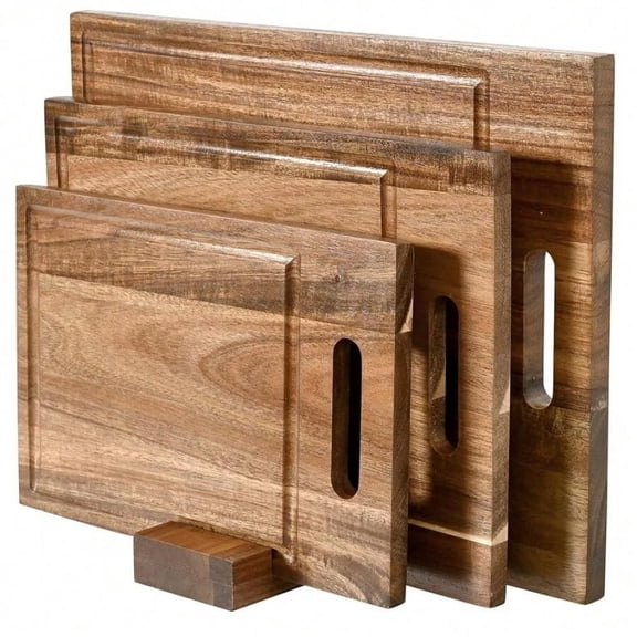 Brown Acacia Wood Cutting Board Set Of 3 With Juice Groove And Handle Slots
